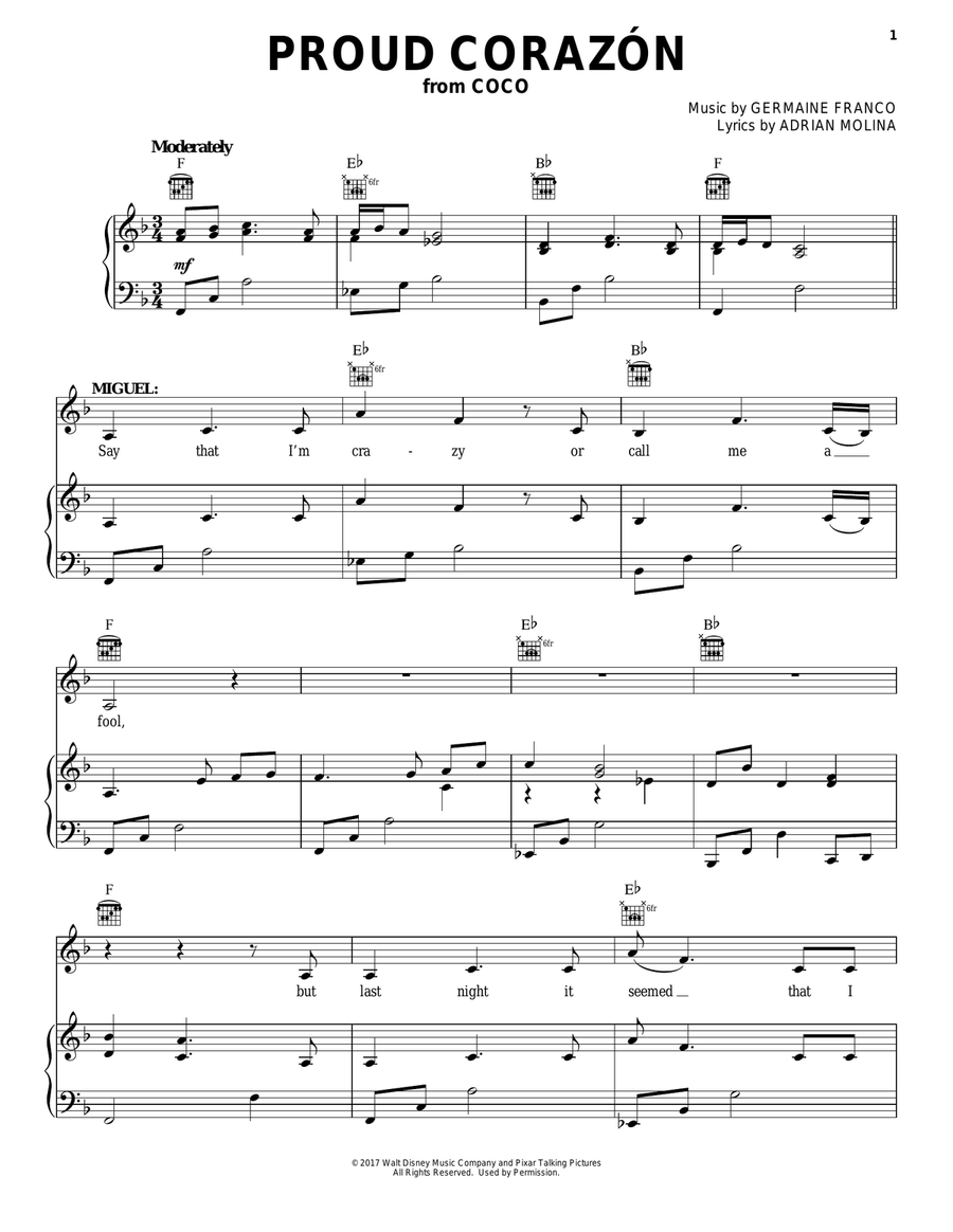 Proud Corazon (from Coco) Piano, Vocal, Guitar scores gallery preview page 1