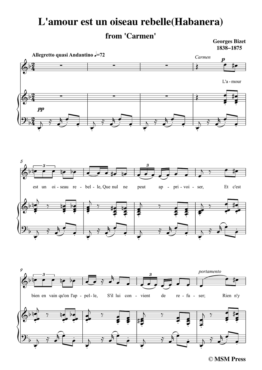 Bizet-L'amour est un oiseau rebelle(Habanera),from 'Carmen',in d minor,for Voice and Piano Piano, Vocal scores gallery preview page 3