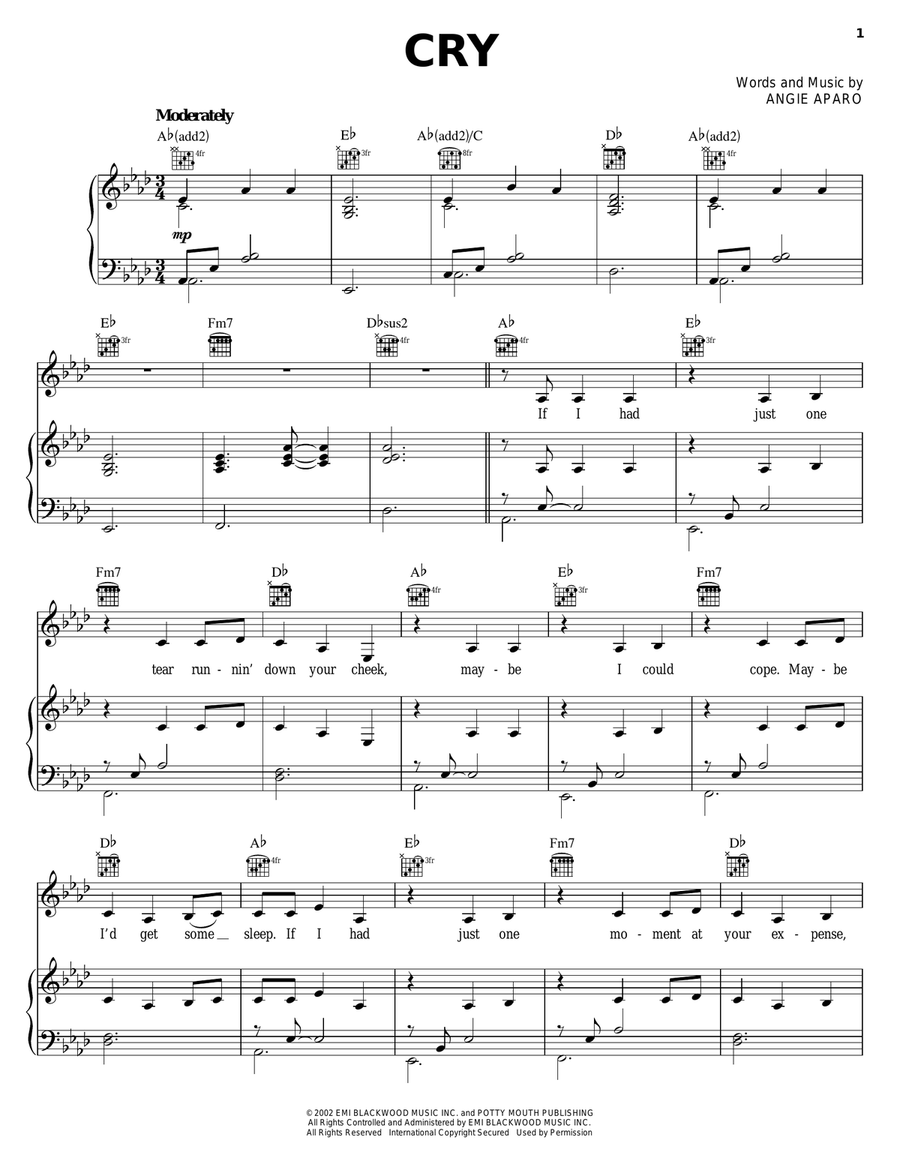 Cry Piano, Vocal, Guitar scores gallery preview page 1