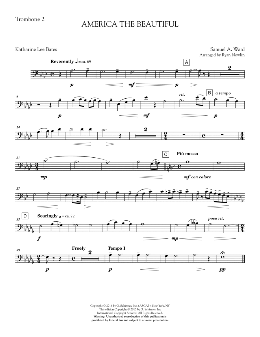 America, the Beautiful - Trombone 2 Choir scores gallery preview page 1