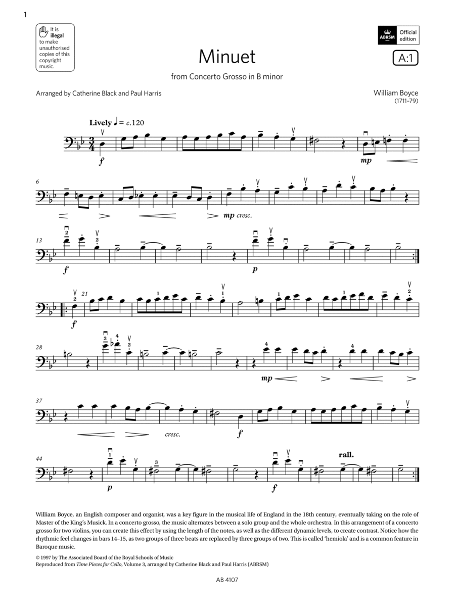 Minuet (Grade 4, A1, from the ABRSM Cello Syllabus from 2024) Cello Solo scores gallery preview page 1