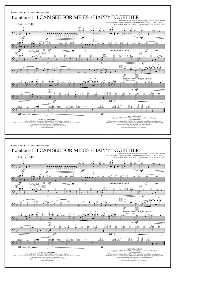 I Can See for Miles/Happy Together - Trombone 1 Marching Band scores gallery preview page 1