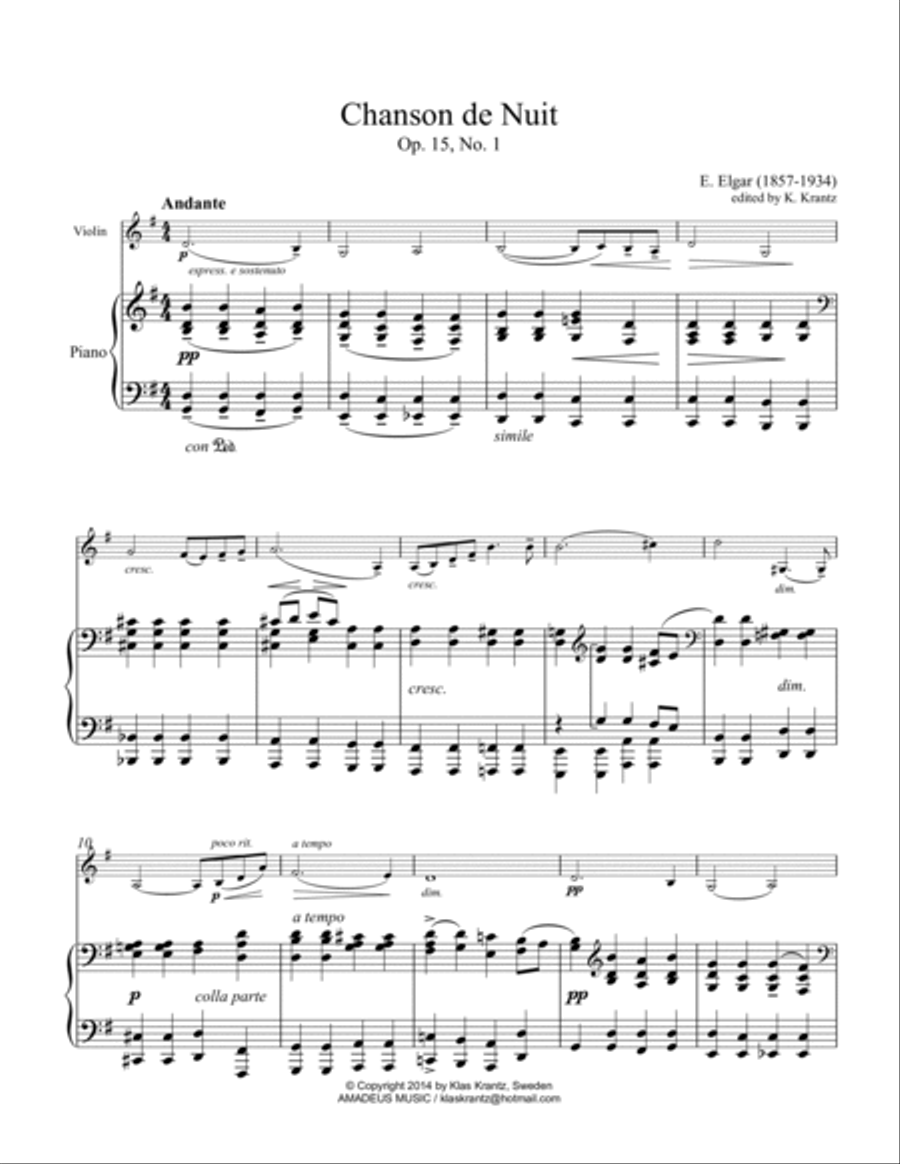 Chanson de Nuit and Chanson de Matin Op. 15 for violin and piano image number null