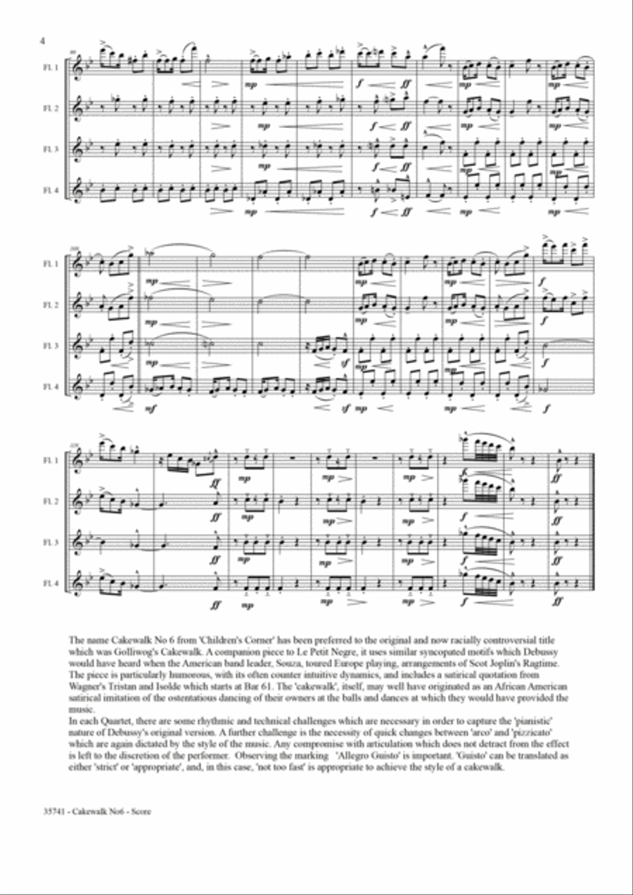 CAKEWALK NO6 FROM CHILDREN'S CORNER - FLUTE QUARTET Flute Quartet scores gallery preview page 5