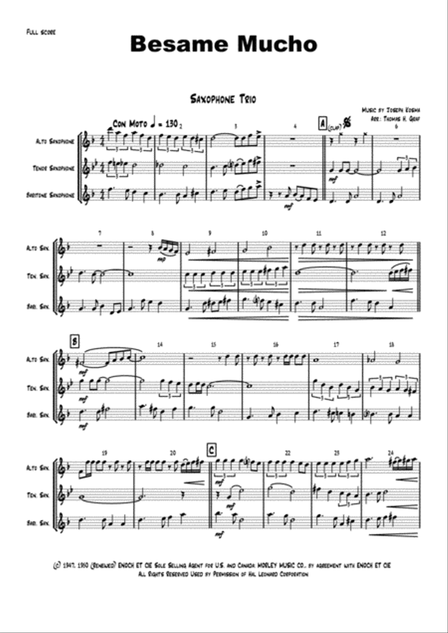 Besame Mucho (Kiss Me Much) Woodwind Trio scores gallery preview page 1