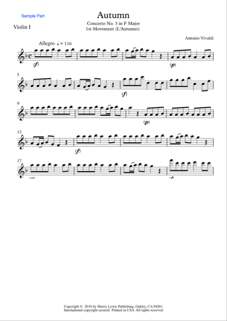 AUTUMN, Allegro by Vivaldi String Quartet, Intermediate Level for 2 violins, viola and cello String Quartet scores gallery preview page 5