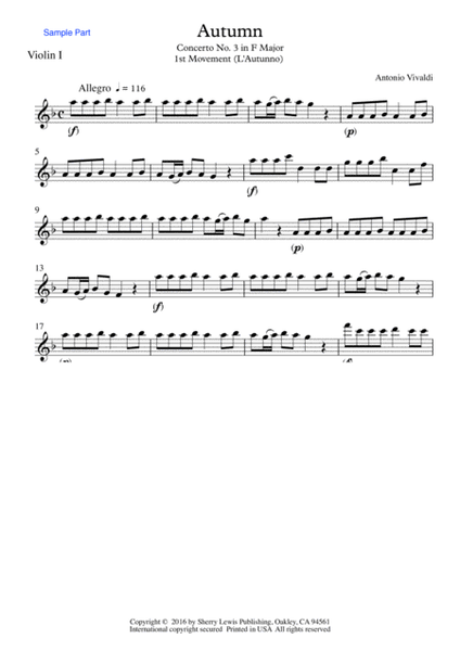 AUTUMN, Allegro by Vivaldi String Quartet, Intermediate Level for 2 violins, viola and cello image number null
