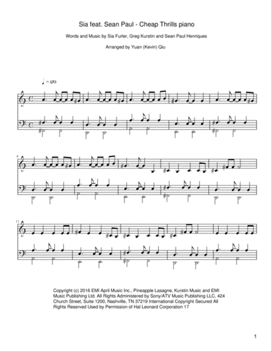 Cheap Thrills Piano Solo scores gallery preview page 1
