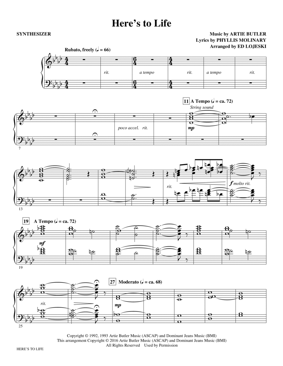 Here's to Life - Synthesizer Choir scores gallery preview page 1