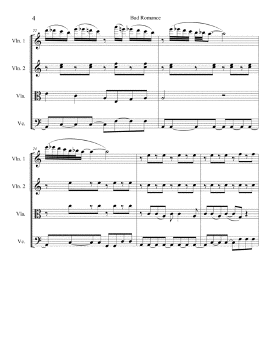 Bad Romance String Quartet scores gallery preview page 4