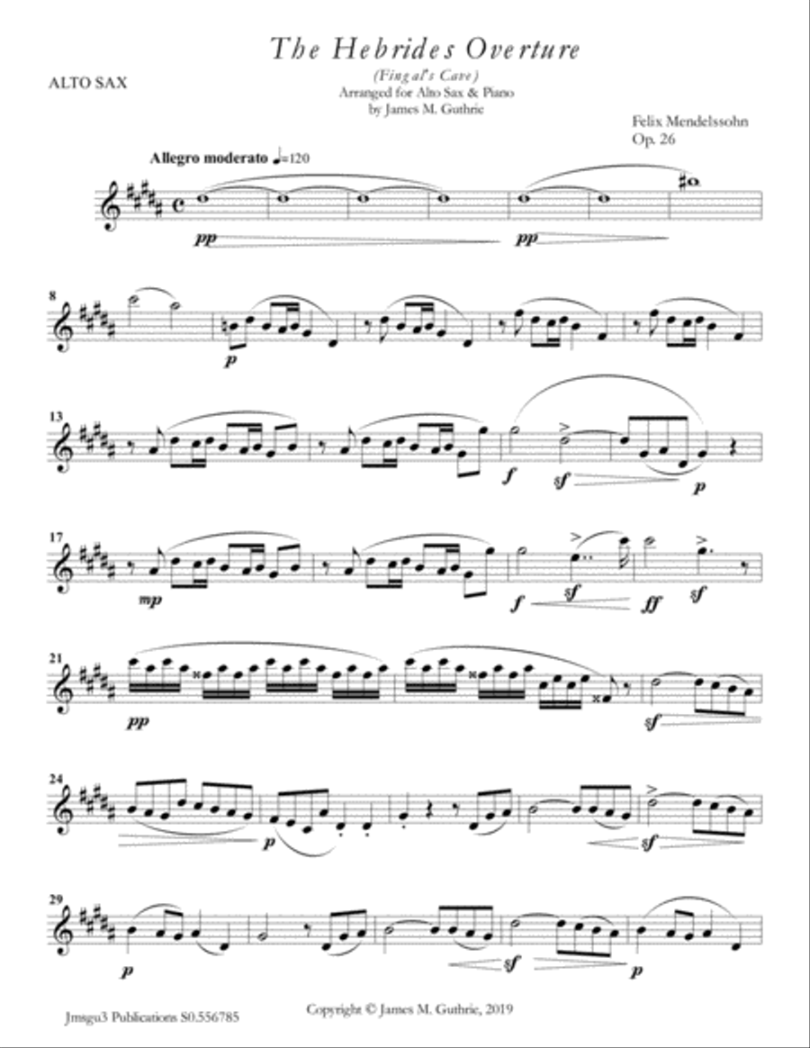 Mendelssohn: the Hebrides Overture for Alto Sax & Piano Alto Saxophone scores gallery preview page 1