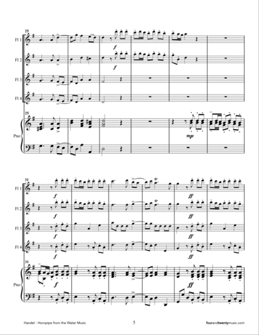 'Hornpipe' from the Water Music, arranged for four flutes and piano Small Ensemble scores gallery preview page 5