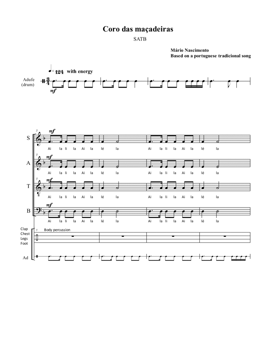 Coro das Maçadeiras (SATB and percussion) - with optional String Orchestra or Brass Quartet 4-Part scores gallery preview page 1