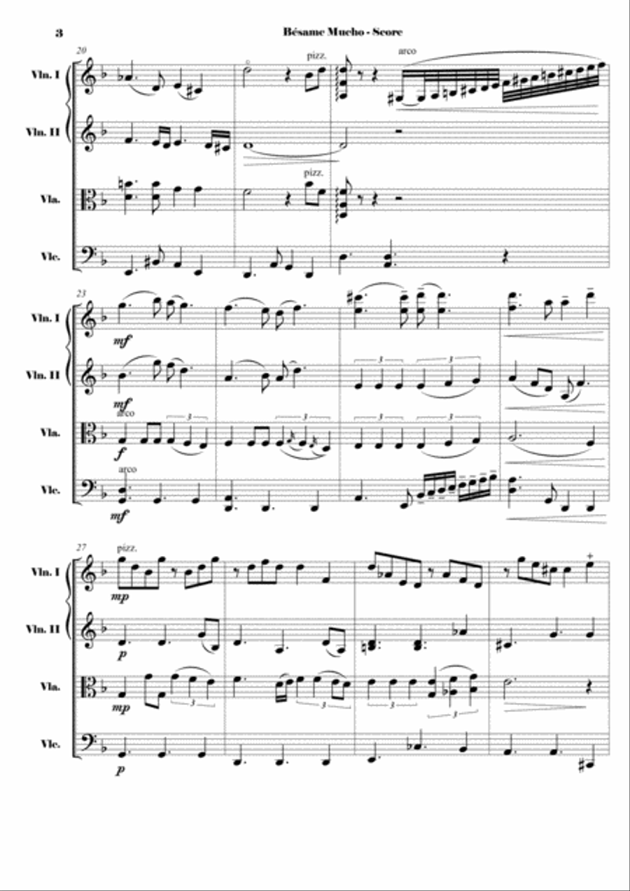 Besame Mucho (Kiss Me Much) String Quartet scores gallery preview page 3