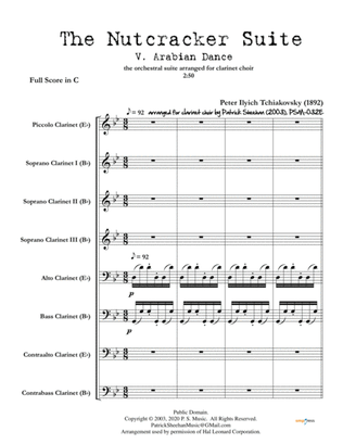 Nutcracker Suite, Mvt. V "Arabian Dance" for clarinet choir (full score & set of parts)