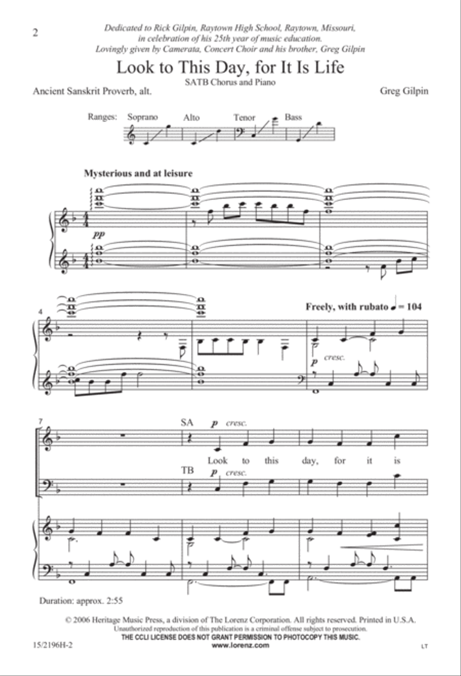 Look to This Day, for It Is Life! 4-Part scores gallery preview page 2