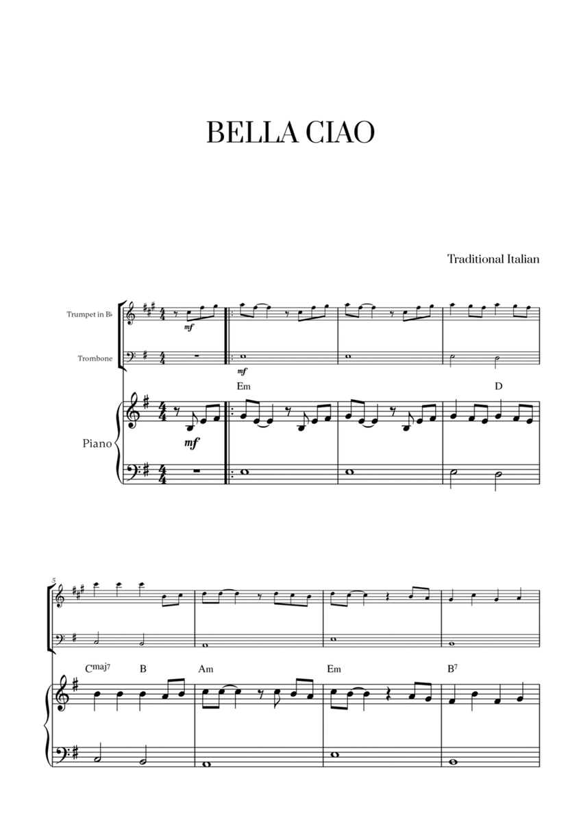 Bella Ciao with chords for Trumpet in Bb, Trombone and Piano image number null