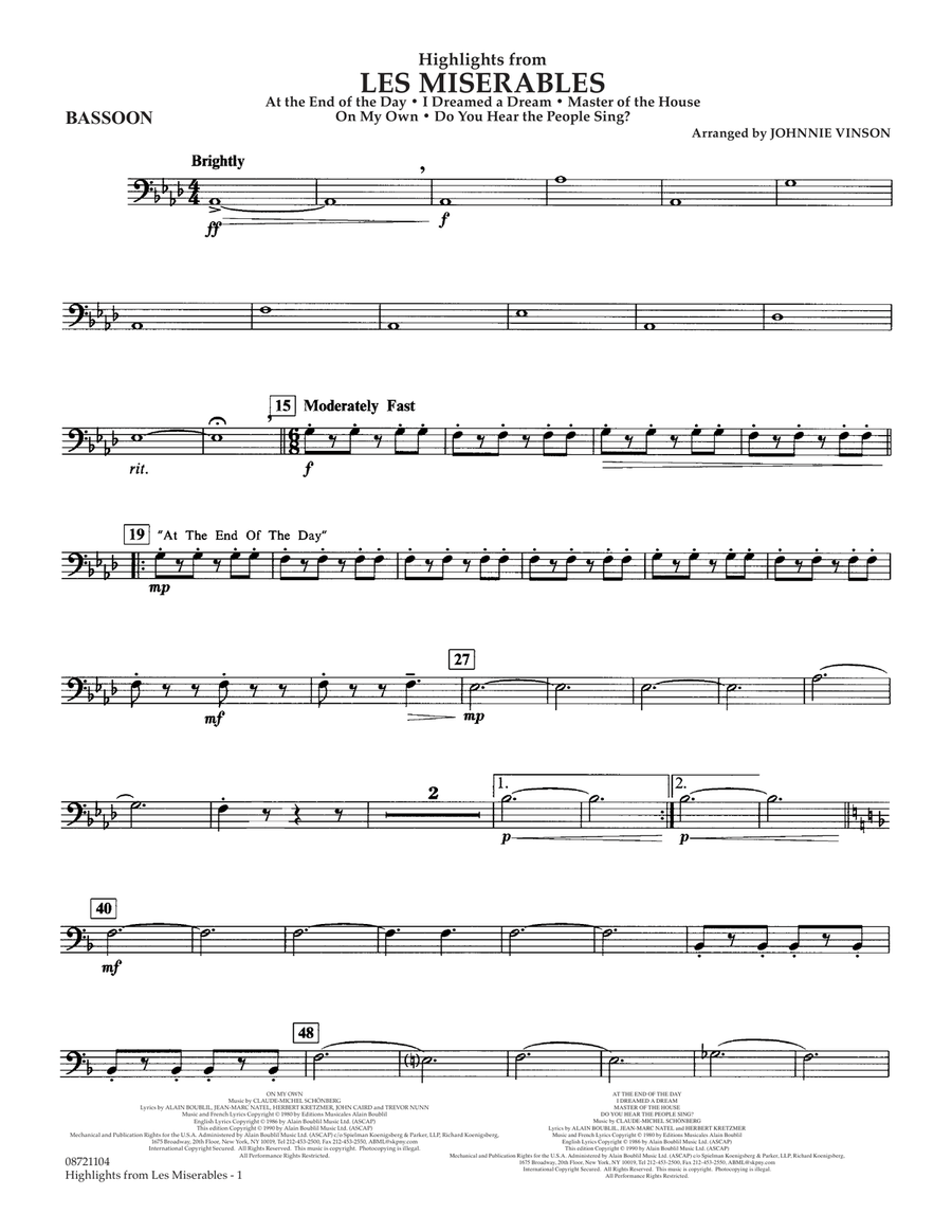Highlights from Les Misérables (arr. Johnnie Vinson) - Bassoon Bassoon scores gallery preview page 1
