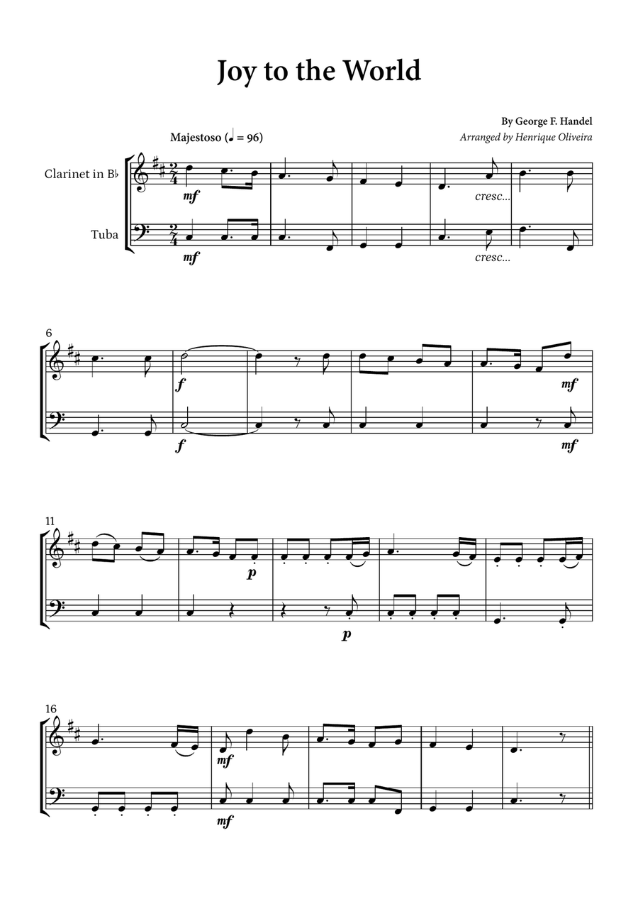 Joy to the World (Clarinet and Tuba) - Christmas Carol B-Flat Clarinet scores gallery preview page 1