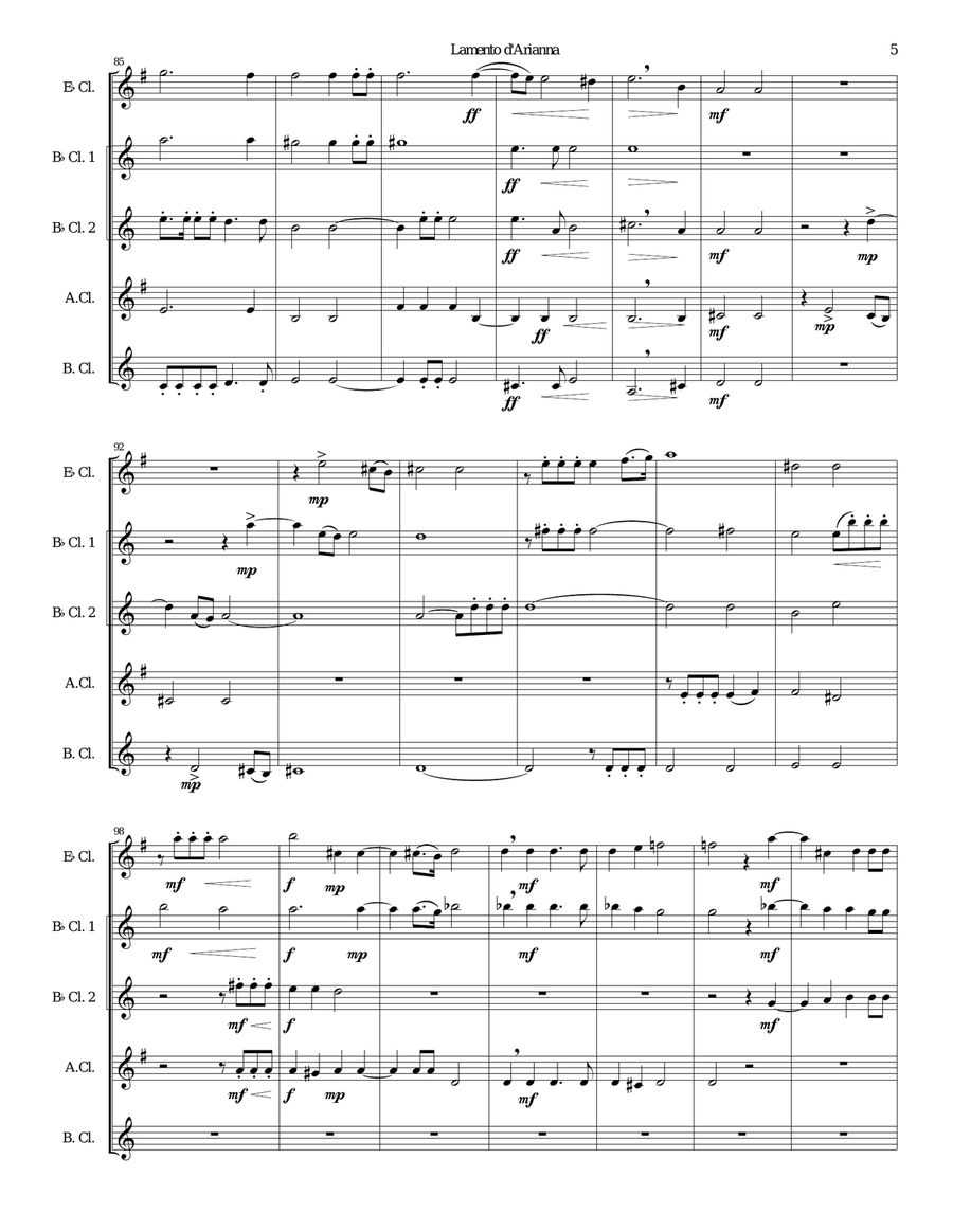 Lamento d'Arianna for clarinet quintet Clarinet Quintet scores gallery preview page 5