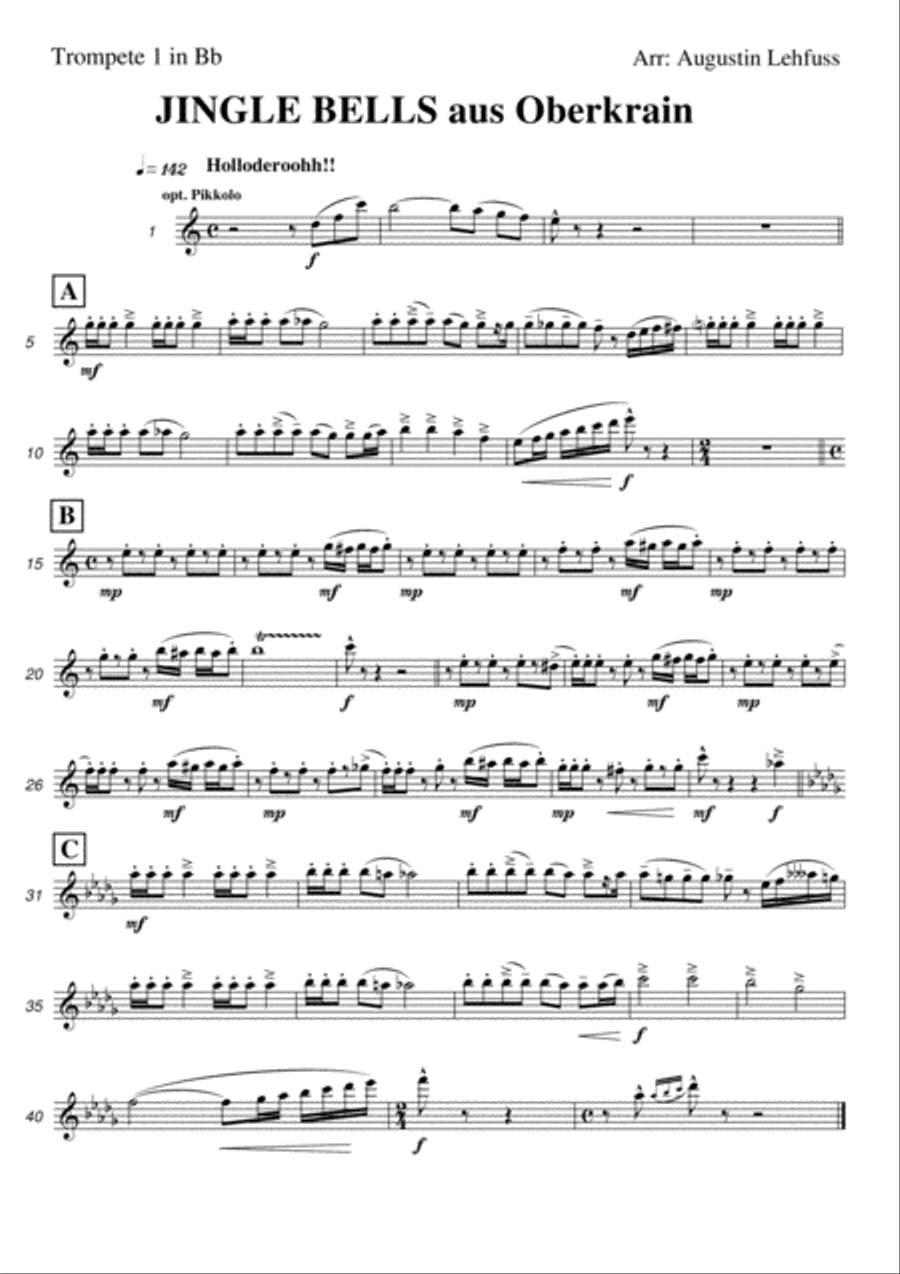 Jingle Bells from Oberkrain - funny alpine folk music version Brass Ensemble scores gallery preview page 1