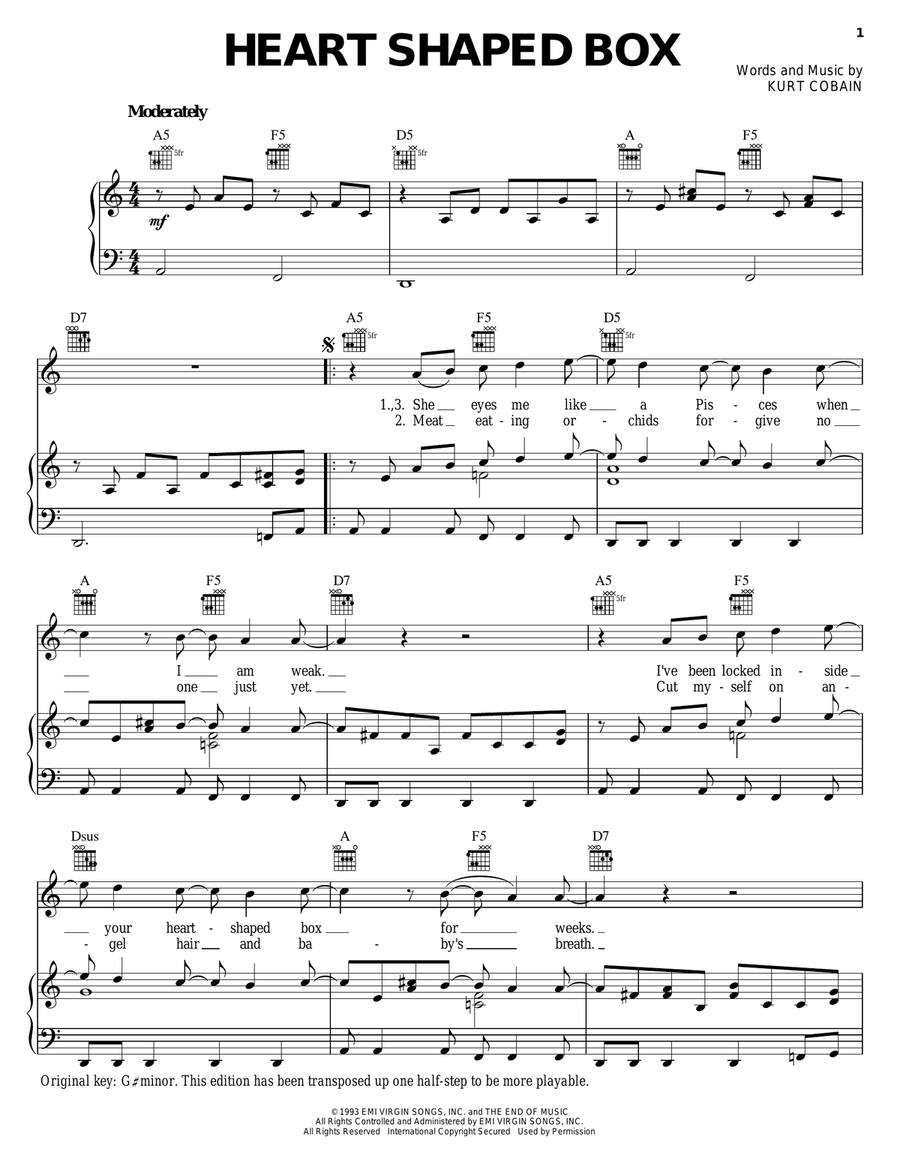 Heart Shaped Box Piano, Vocal, Guitar scores gallery preview page 1