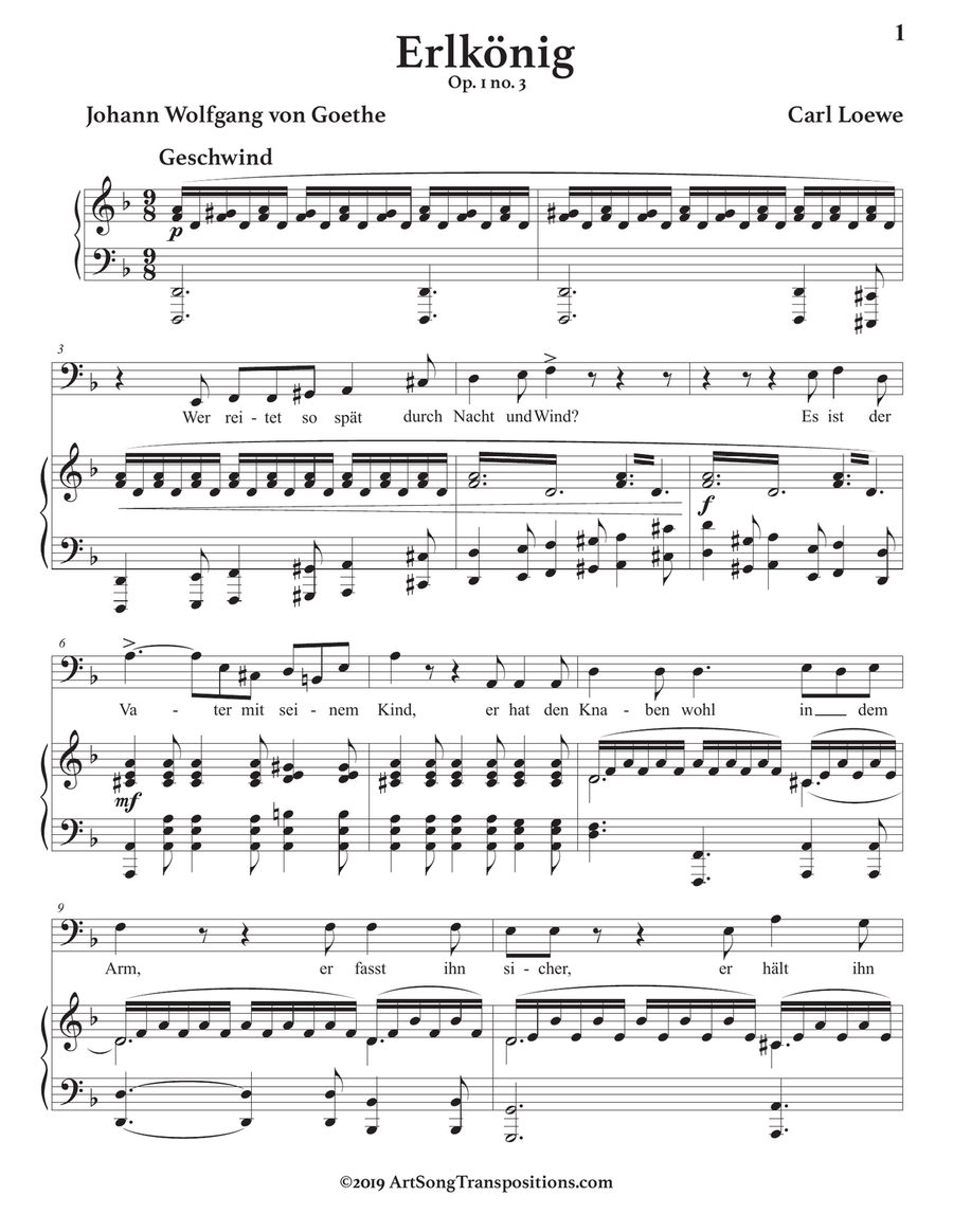 LOEWE: Erlkönig, Op. 1 no. 3 (transposed to D minor, bass clef) Piano, Vocal scores gallery preview page 2