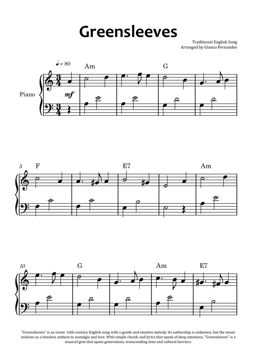 Greensleeves - Easy Piano with Chord Charts image number null