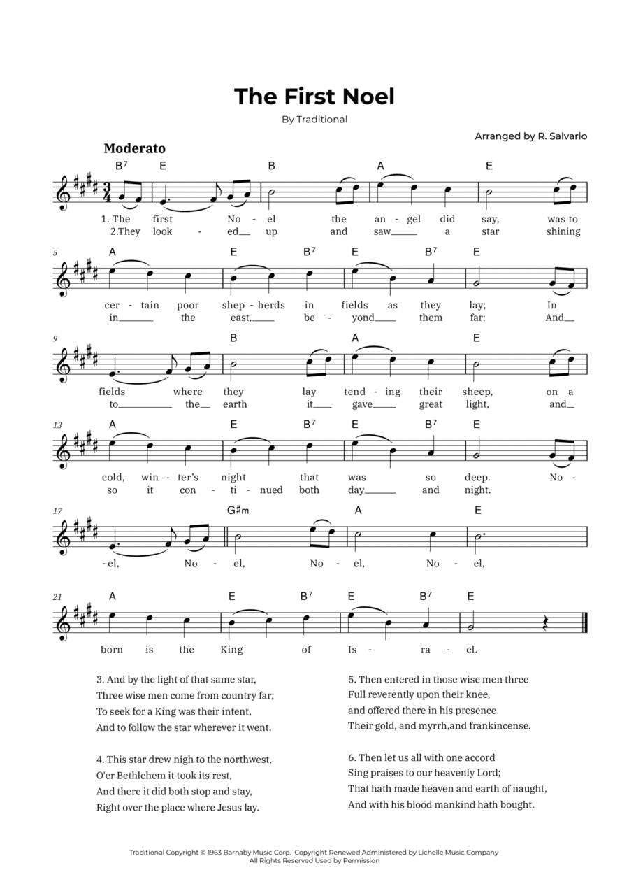 The First Noel (Key of E Major) Easy Piano scores gallery preview page 1