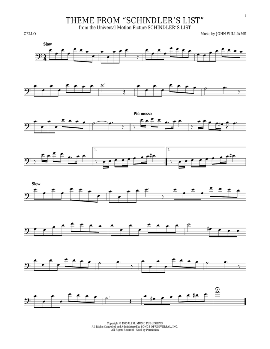 Theme From Schindler's List Cello Solo scores gallery preview page 1