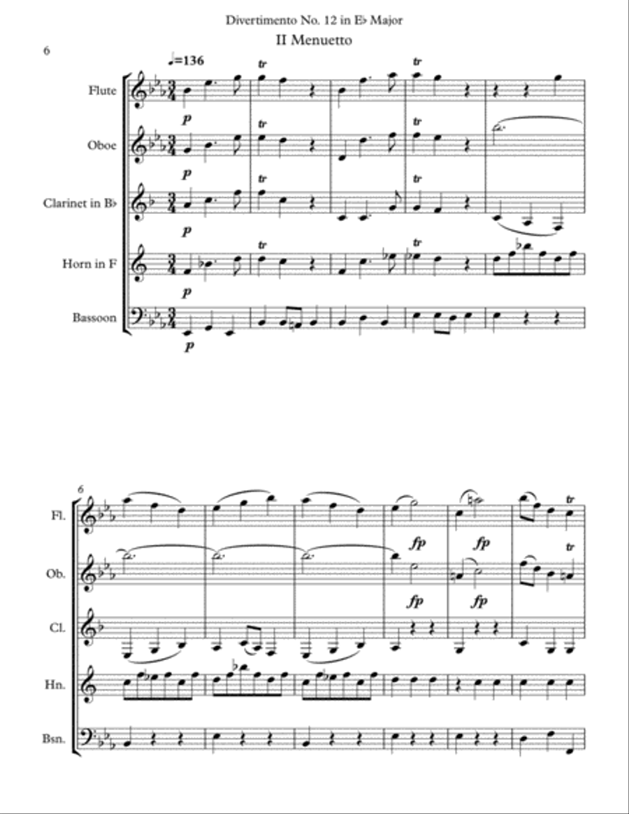 Mozart: Divertimento No. 12 in Eb Major for Wind Quintet Woodwind Quintet scores gallery preview page 6