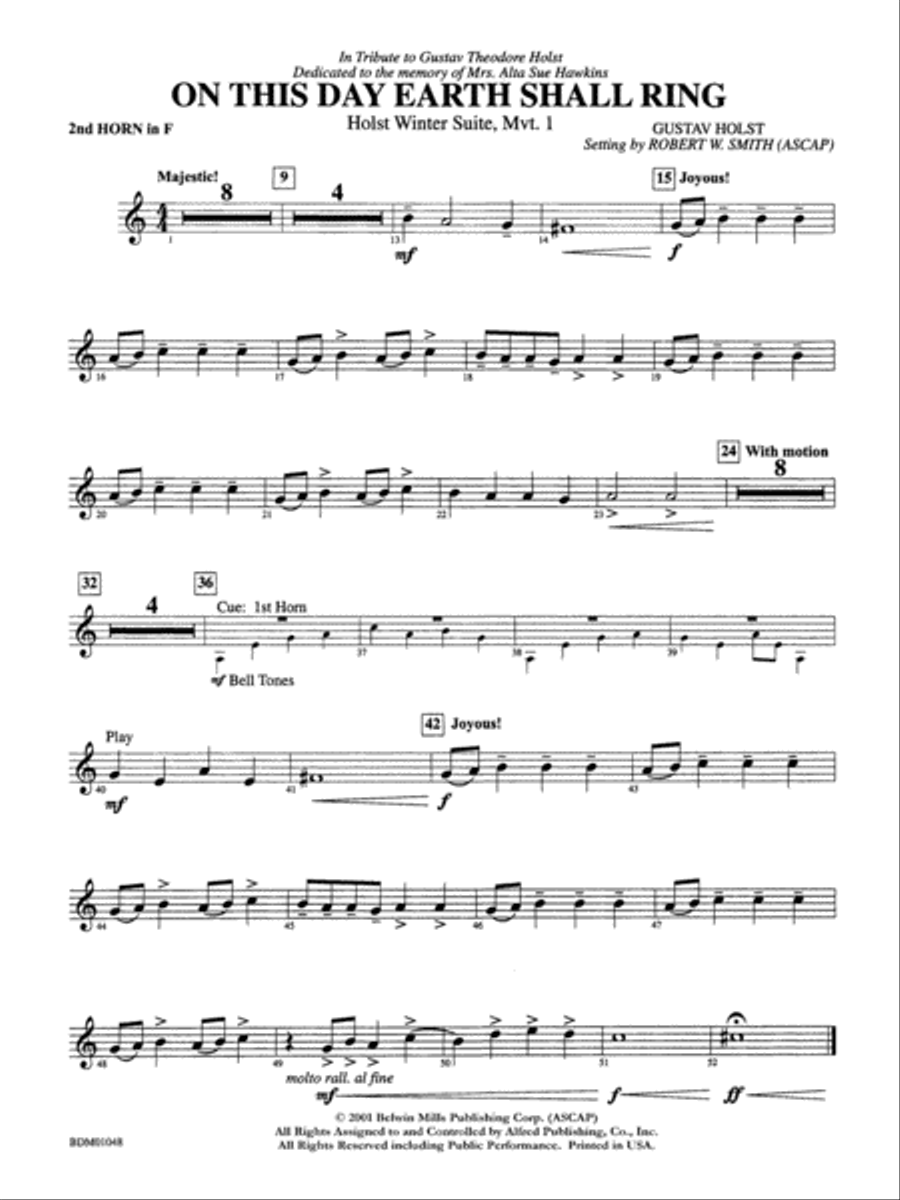 On This Day Earth Shall Ring (Holst Winter Suite, Mvt. I): 2nd F Horn Concert Band scores gallery preview page 1
