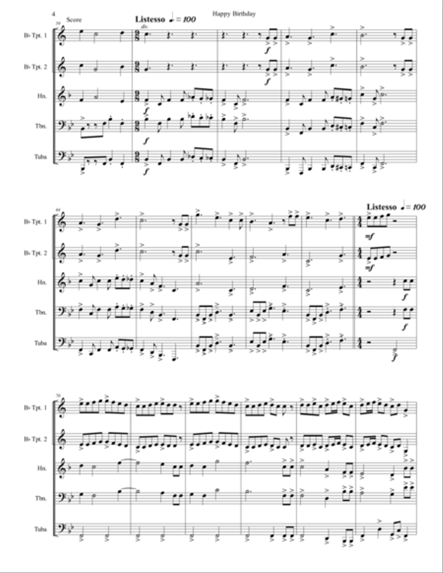 Happy Birthday To You for Brass Quintet Brass Quintet scores gallery preview page 5