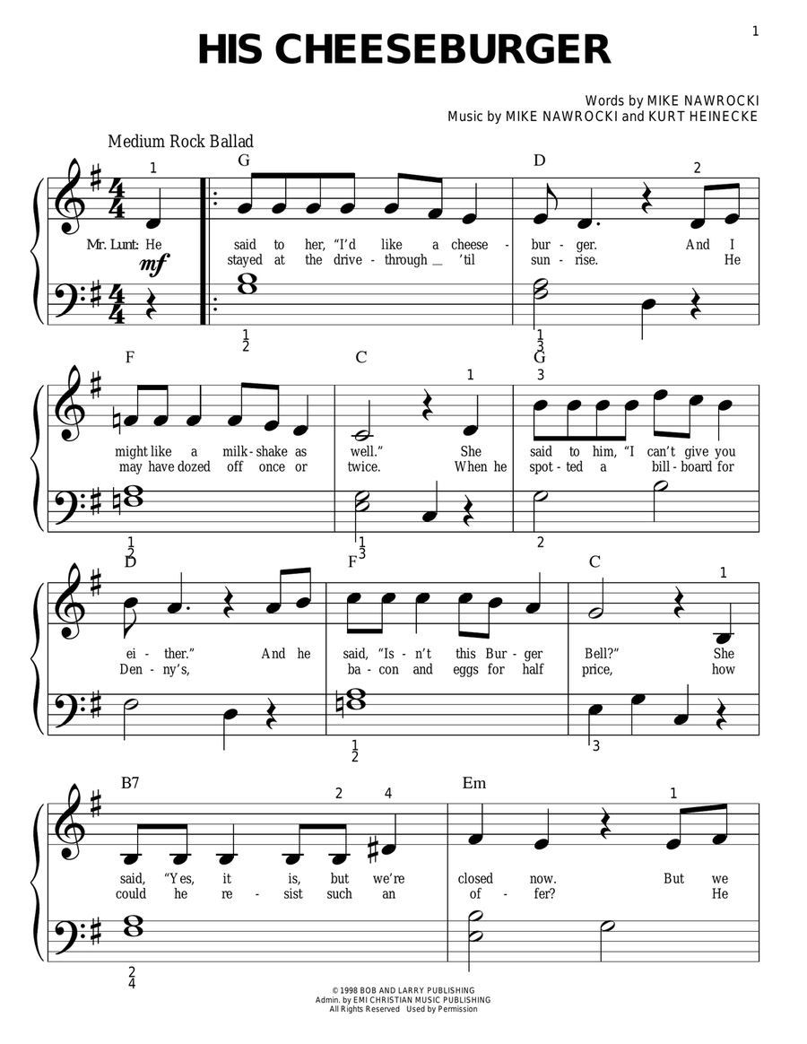 His Cheeseburger Easy Piano scores gallery preview page 1