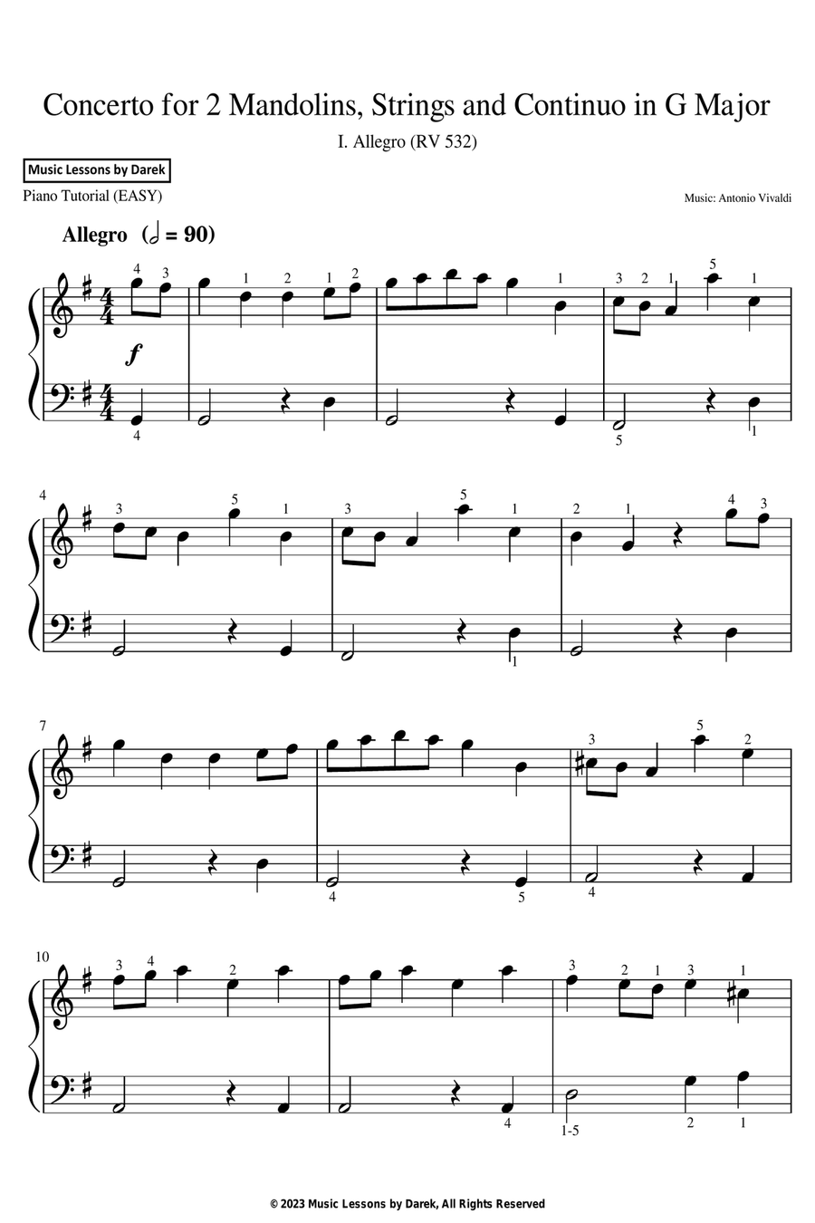 Concerto for 2 Mandolins, Strings and Continuo in G Major (EASY PIANO) I. Allegro (RV 532) [Vivaldi] Easy Piano scores gallery preview page 1