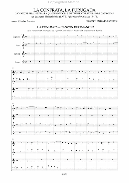La Confrata, La Furugada. 2 Instrumental four-part Canzonas (Milano 1614) for Recorder Quartet (SATB)