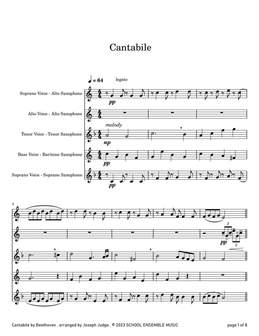 Cantabile by Beethoven for Saxophone Quartet in Schools Saxophone Quartet scores gallery preview page 1