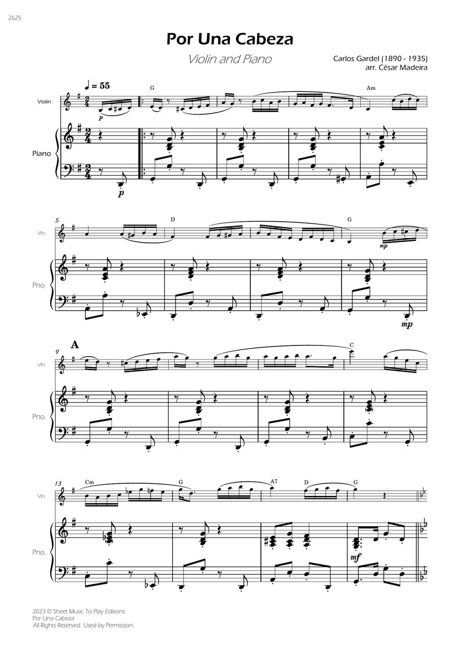 Por Una Cabeza - Violin and Piano - W/Chords (Full Score and Parts) Violin Solo scores gallery preview page 3