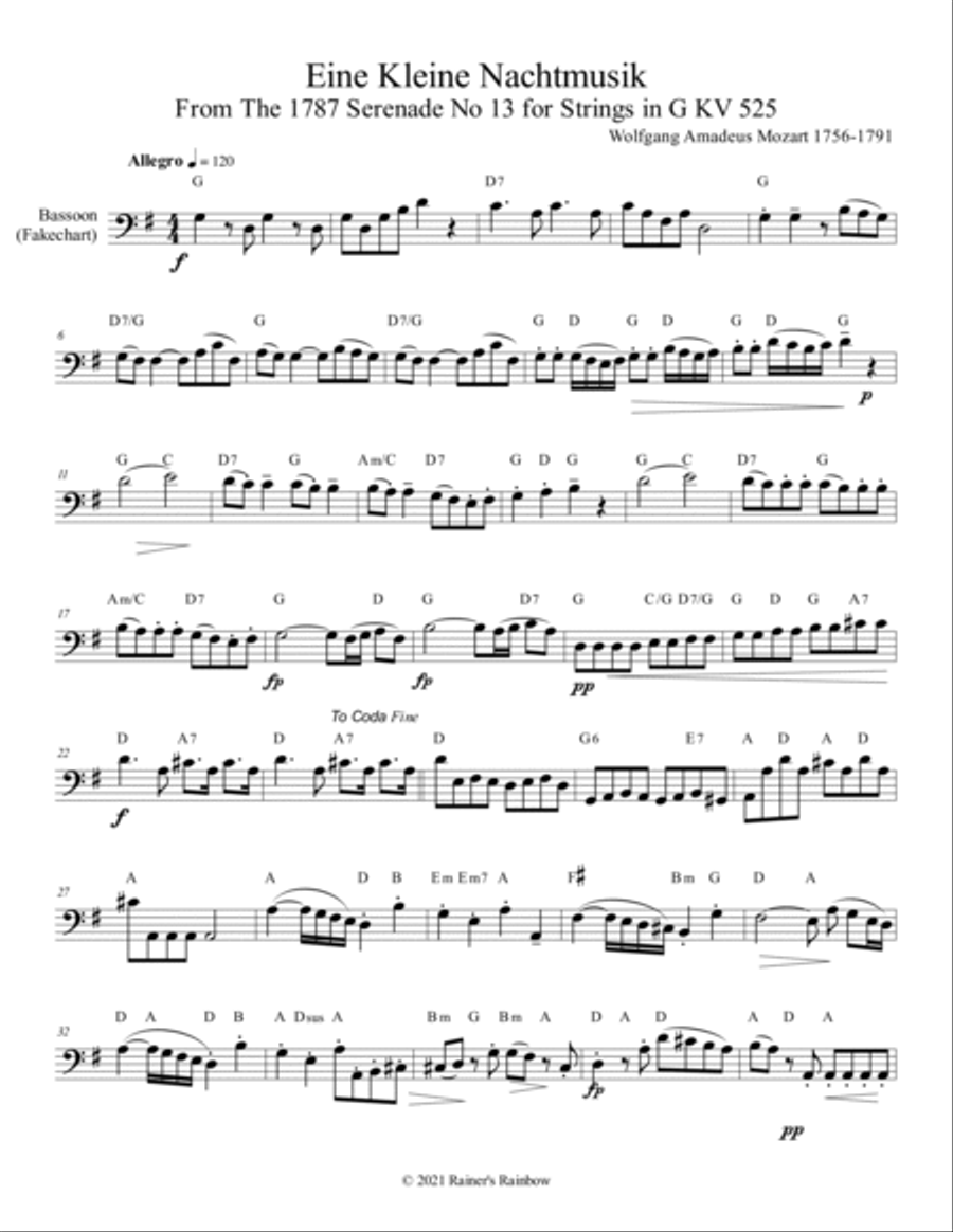 Mozart 1787 KV 525 Eine Kleine Nachtmusik Fakecharts Chords Flute Clarinet or Bassoon Solo Woodwind Quartet scores gallery preview page 4