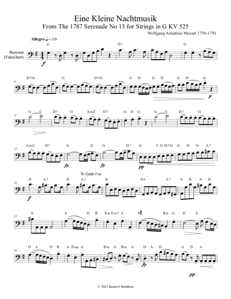 Mozart 1787 KV 525 Eine Kleine Nachtmusik Fakecharts Chords Flute Clarinet or Bassoon Solo