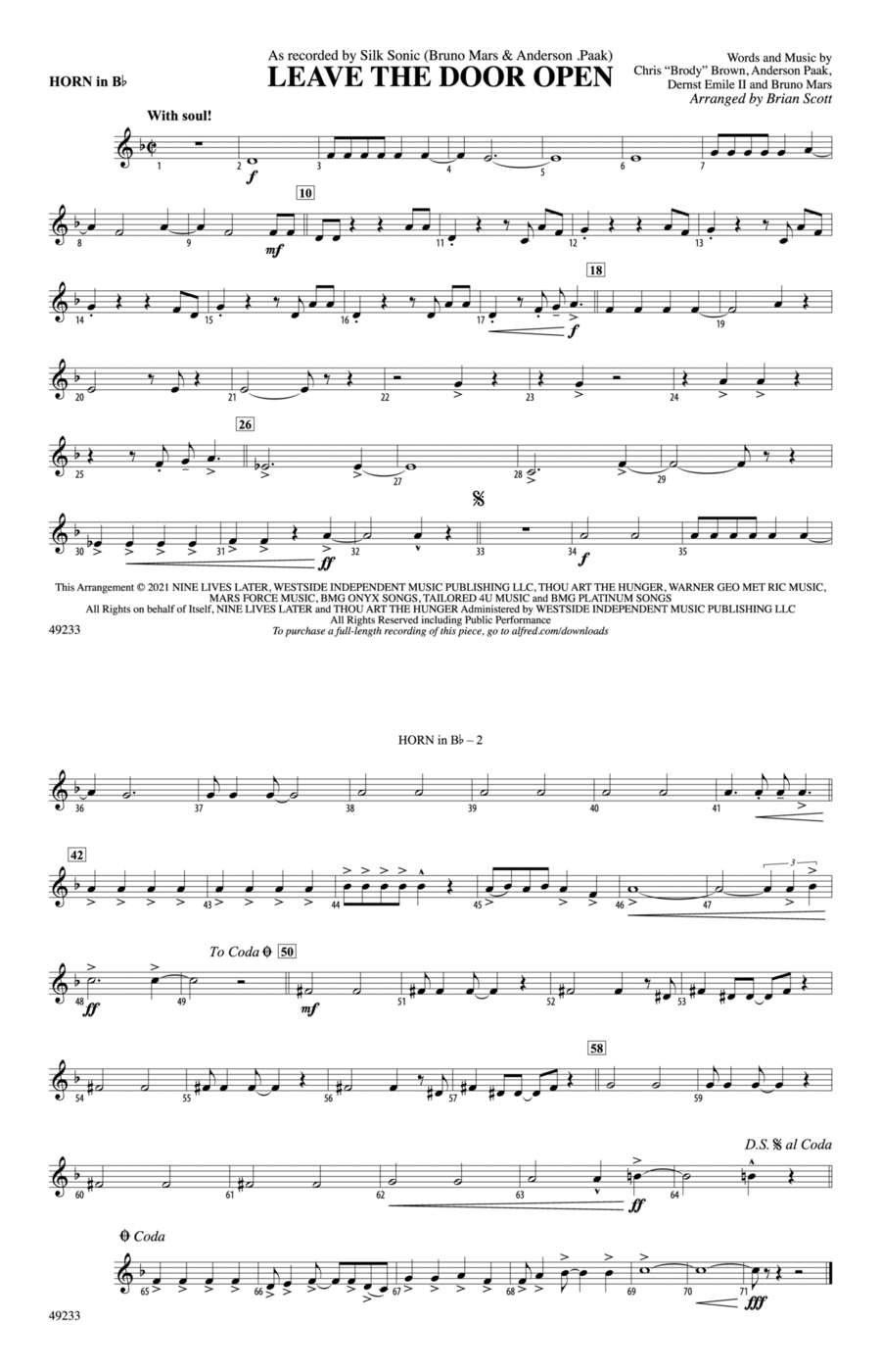 Leave the Door Open: Horn in B flat Marching Band scores gallery preview page 1