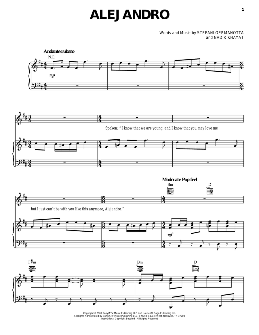Alejandro Piano, Vocal, Guitar scores gallery preview page 1