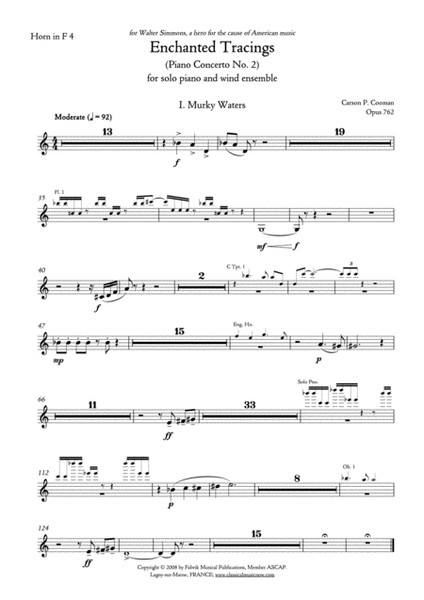 Carson Cooman Enchanted Tracings (Piano Concerto No. 2) (2008) for solo piano and wind ensemble, hor