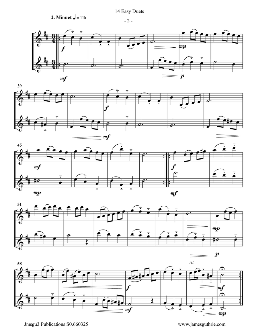 Bach: 14 Easy Duets for Alto & Baritone Sax Woodwind Duet scores gallery preview page 2