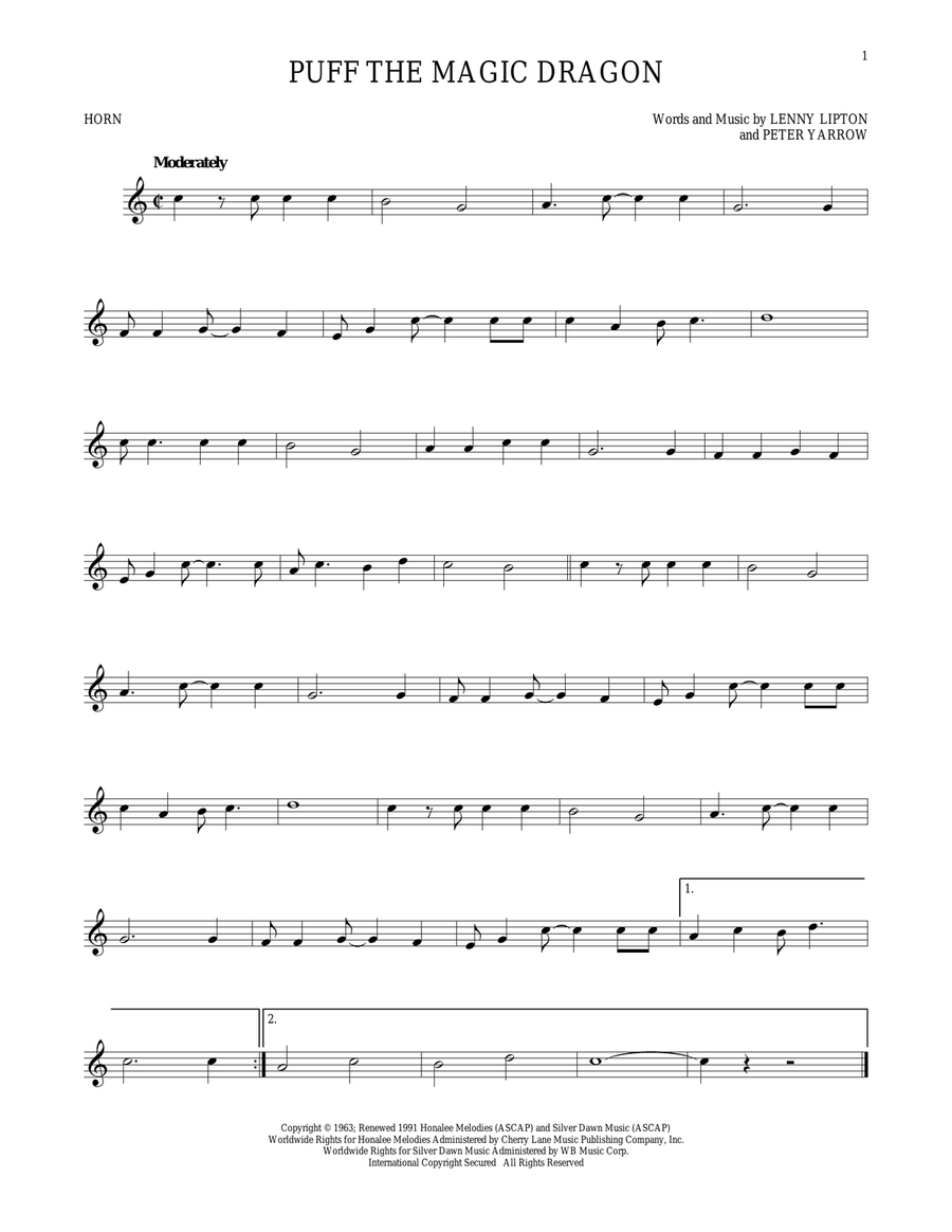 Puff The Magic Dragon Horn Solo scores gallery preview page 1