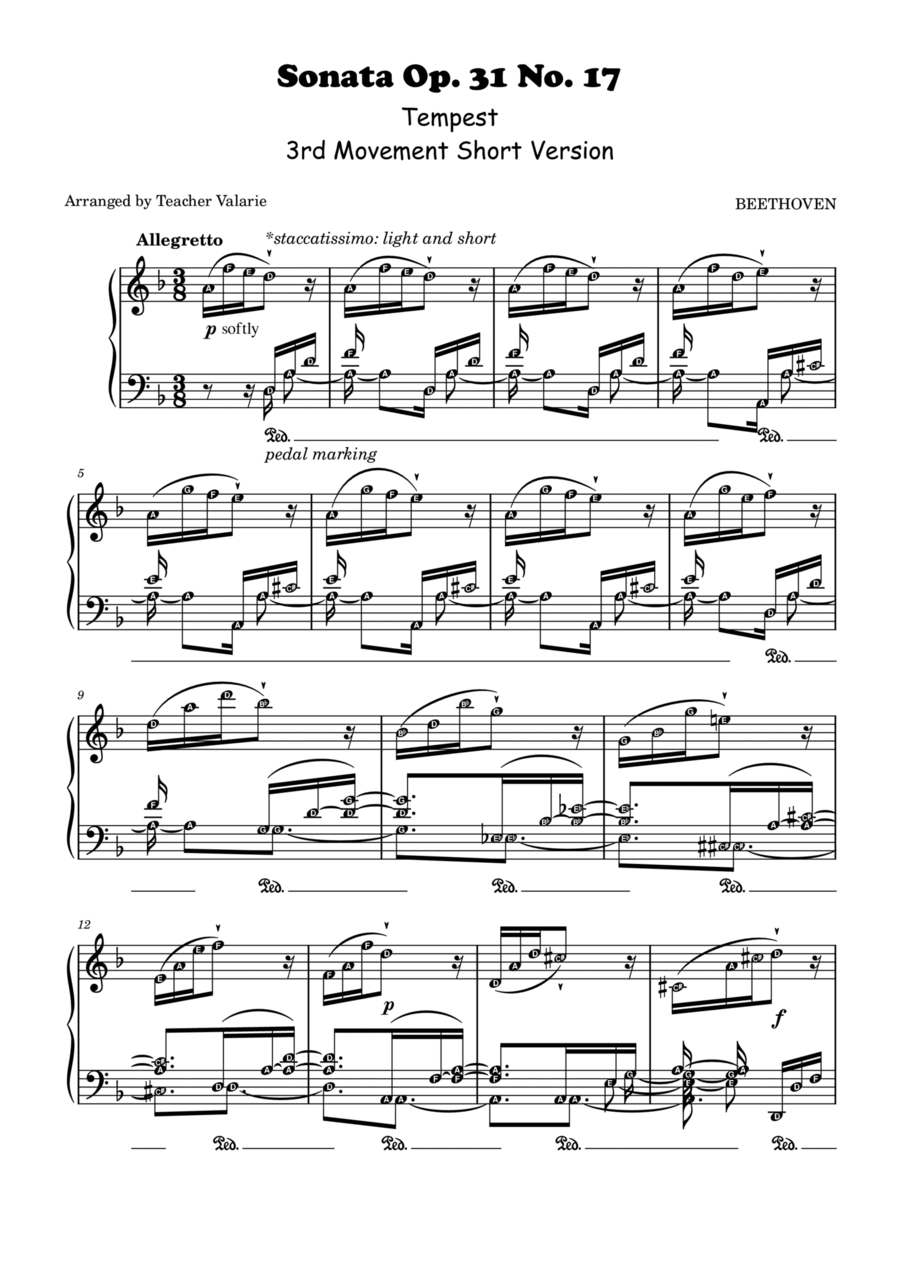 Tempest - Sonata Op. 31 No. 17 3rd Movement SHORT VERSION Self Learning Series Easy Piano scores gallery preview page 1