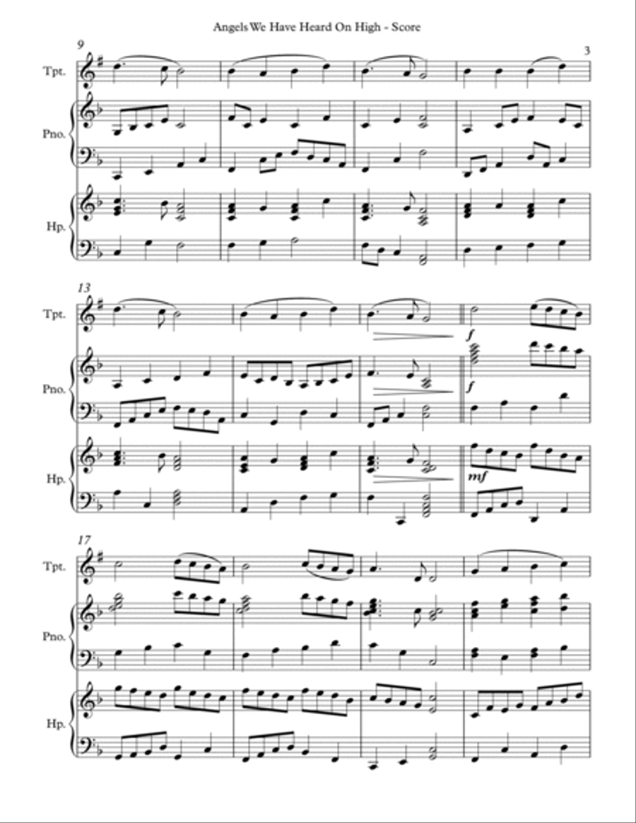 Angels We Have Heard On High, Trio for Bb Trumpet, Harp and Piano Trumpet Trio scores gallery preview page 3