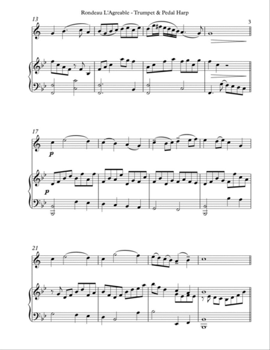 Rondeau L’Agreable, Duet for Bb Trumpet & Pedal Harp Trumpet Duet scores gallery preview page 3
