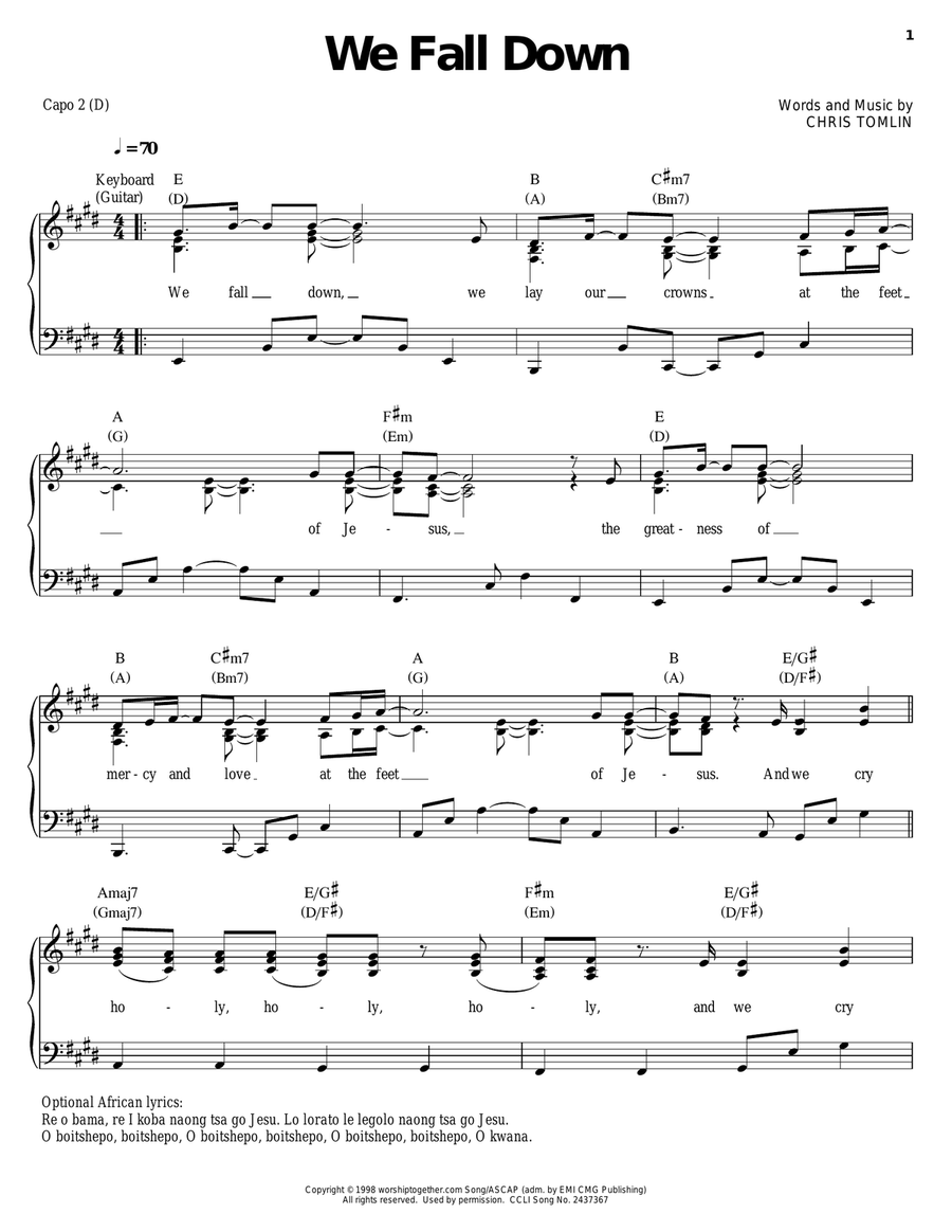 We Fall Down Piano, Vocal, Guitar scores gallery preview page 1