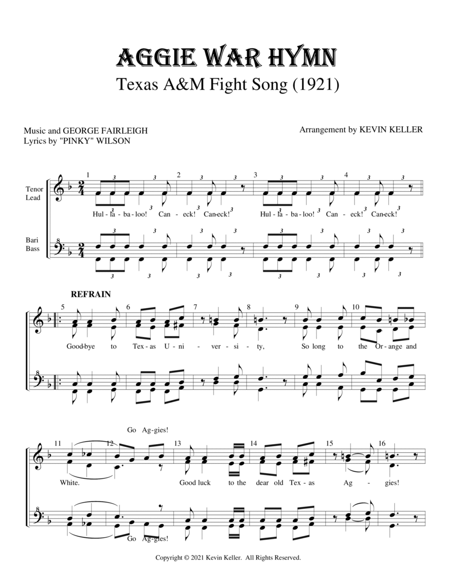 Texas A&M Aggie War Hymn Texas A&M Aggie War Hymn SSAA scores gallery preview page 1